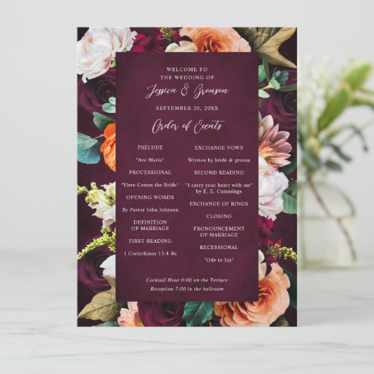 Burgundy Roos Ranunculus Wedding Programmakaart (Staand voorkant)