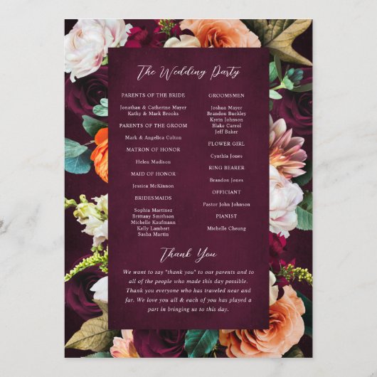 Burgundy Roos Ranunculus Wedding Programmakaart (Achterkant)