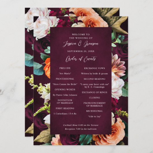 Burgundy Roos Ranunculus Wedding Programmakaart (Voorkant / Achterkant)