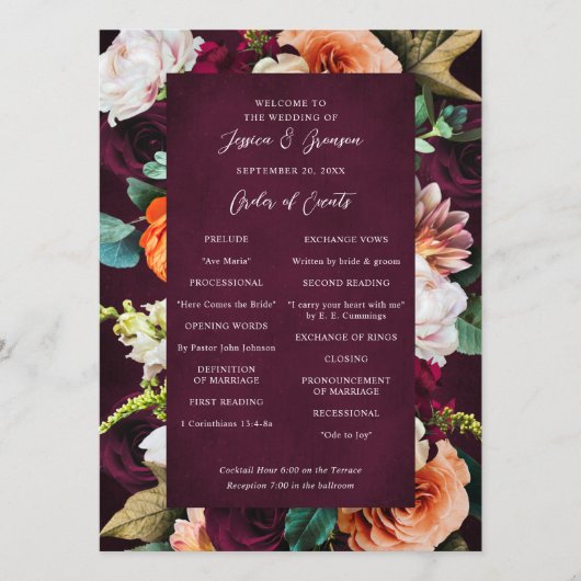 Burgundy Roos Ranunculus Wedding Programmakaart (Voorkant)