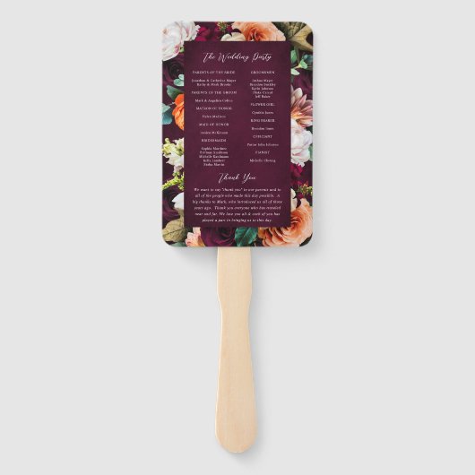 Burgundy Roos Ranunculus Wedding Programme Handwaaier (Achterkant)