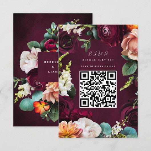 Burgundy Roos Ranunculus Wedding QR Code RSVP Kaart (Voorkant / Achterkant)