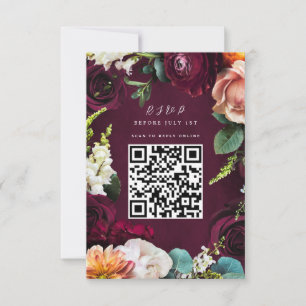 Burgundy Roos Ranunculus Wedding QR Code RSVP Kaartje