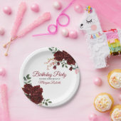 Burgundy Roos Romantic Birthday Party Papieren Bordje (Feest)