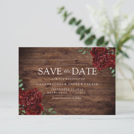 Burgundy Roos Romantic Rustic Save the date (Staand voorkant)