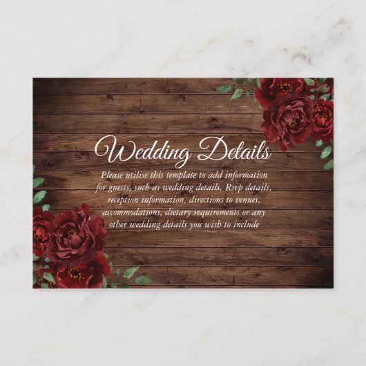 Burgundy Roos Romantic Rustic Wedding Reception Informatiekaartje (Voorkant)