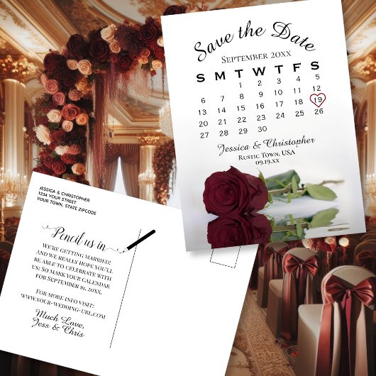 Burgundy Roos Wedding Calendar Save the Date Aankondigingskaart