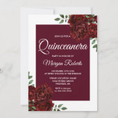 Burgundy Roos White Border Quinceanera Invite Kaart (Voorkant)