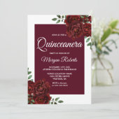 Burgundy Roos White Border Quinceanera Invite Kaart (Staand voorkant)