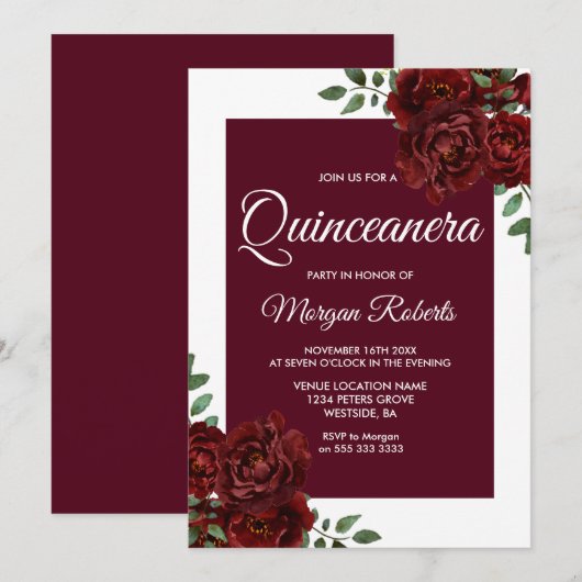 Burgundy Roos White Border Quinceanera Invite Kaart (Voorkant / Achterkant)