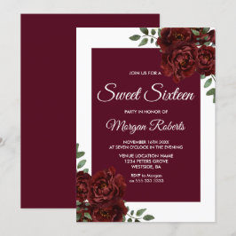 Burgundy Roos White Border Sweet 16 Invite Kaart