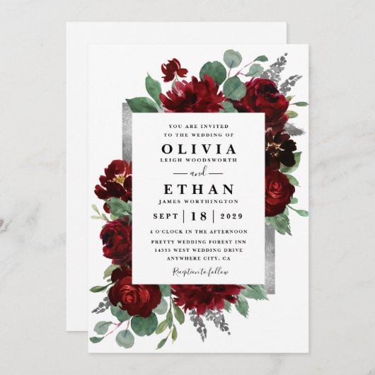 Burgundy Roos Winter Weddenschap rood en zilver Kaart (Voorkant / Achterkant)