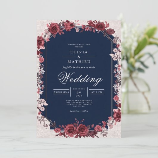 Burgundy Rose Arch Floral Wedding Kaart (Staand voorkant)