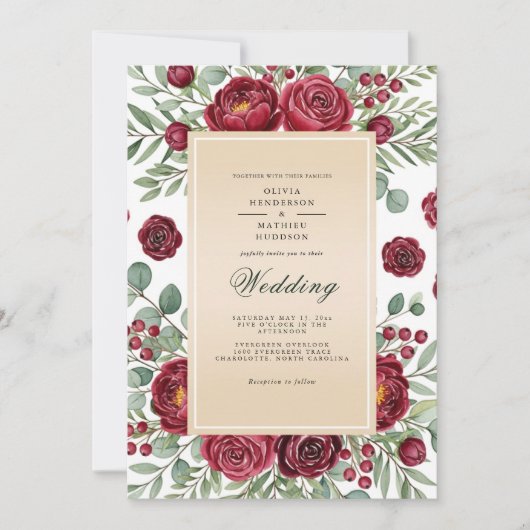Burgundy Rose Botanical Wedding Kaart (Voorkant)