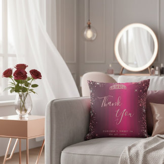 Burgundy Rose Gold Floral Sweet 16 Thank You Kussen