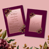 Burgundy Rose Gold Script Floral Wedding Kaart