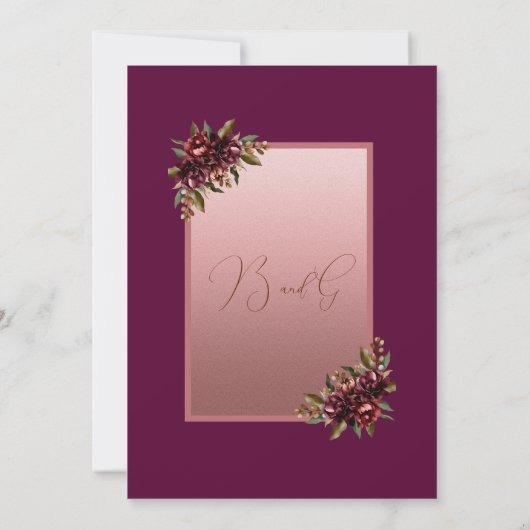 Burgundy Rose Gold Script Floral Wedding Kaart (Achterkant)