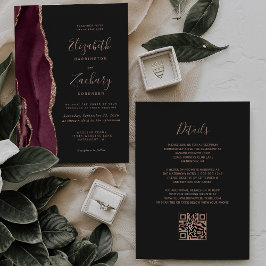 Burgundy Rose Goud Agaat Donkere QR Code Trouwdag Kaart