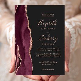 Burgundy Rose Goud Agate Donkere Trouw Uitnodiging