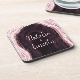 Burgundy & Rose Goud Geode Agate Trouw Monogram Bier Onderzetter