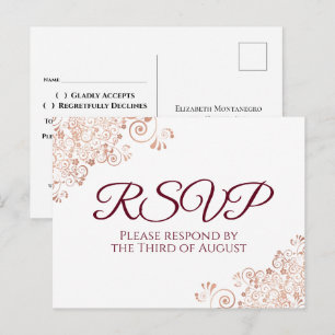 Burgundy & Rose Goud Kant Wit Trouw RSVP Briefkaart