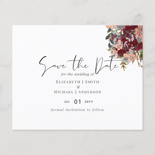 Burgundy Rosegold Floral Wedding Save Date Budget (Voorkant)