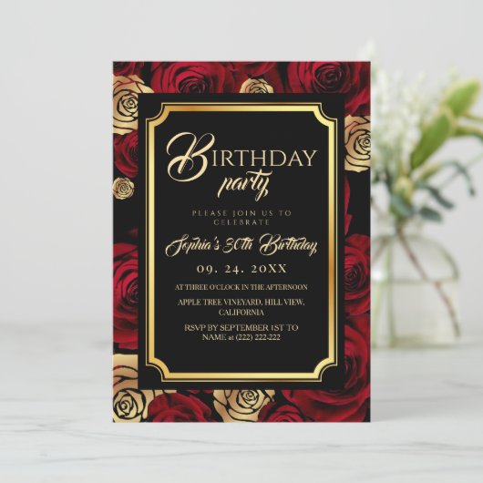 Burgundy Roses Birthday Party Invitation Kaart (Staand voorkant)