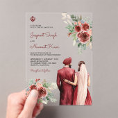 Burgundy Roses Floral Indian Punjabi Sikh Wedding Acryl Uitnodigingen (Insitu (Draagbaar))