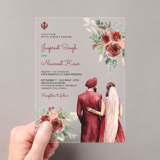 Burgundy Roses Floral Indian Punjabi Sikh Wedding Acryl Uitnodigingen (Insitu (Draagbaar))