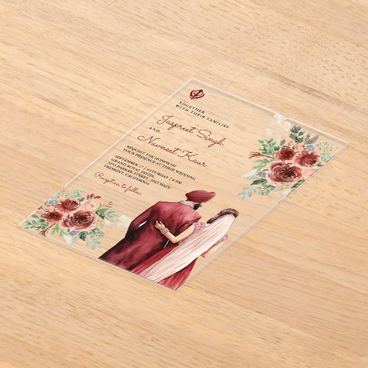 Burgundy Roses Floral Indian Punjabi Sikh Wedding Acryl Uitnodigingen (Laagn)