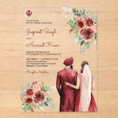 Burgundy Roses Floral Indian Punjabi Sikh Wedding Acryl Uitnodigingen (Voorkant)