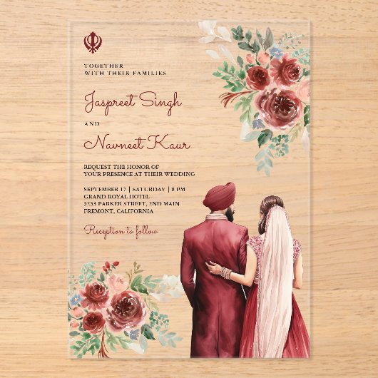 Burgundy Roses Floral Indian Punjabi Sikh Wedding Acryl Uitnodigingen (Voorkant)