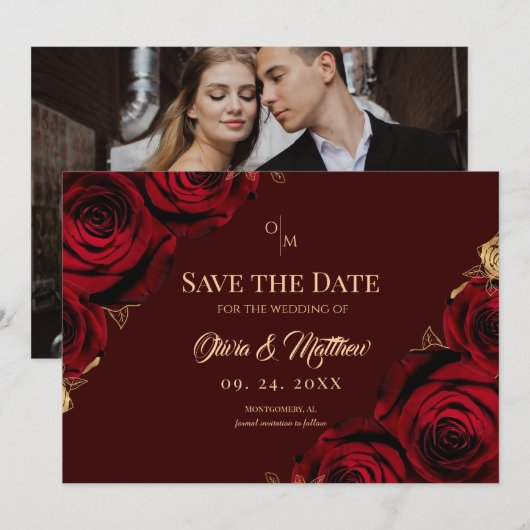 Burgundy Roses Floral Marsala Wedding Save The Date (Voorkant / Achterkant)