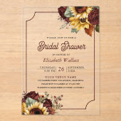 Burgundy Roses Sunflowers Bridal Shower Acryl Uitnodigingen (Voorkant)