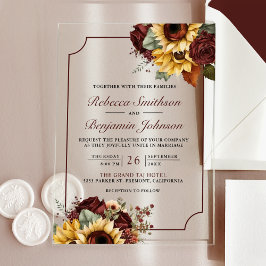 Burgundy Roses Sunflowers Wedding Acryl Uitnodigingen