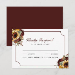 Burgundy Roses Sunflowers Wedding RSVP Kaartje