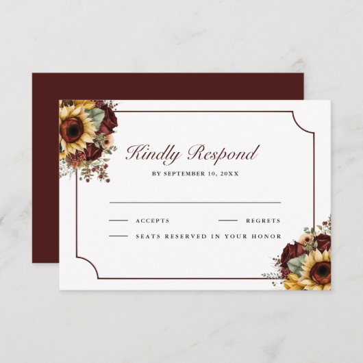 Burgundy Roses Sunflowers Wedding RSVP Kaartje (Voorkant / Achterkant)