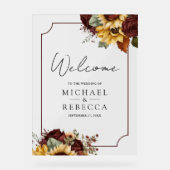 Burgundy Roses Sunflowers Wedding Welcome Acryl Bord (Voorkant)