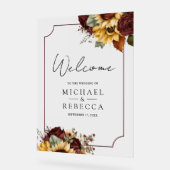 Burgundy Roses Sunflowers Wedding Welcome Acryl Bord (Hoek)