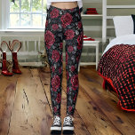 Burgundy Roses with Black Background   Leggings<br><div class="desc">Pretty burgundy roses and foliage with a black background seamless floral pattern leggings.</div>