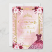 Burgundy Royal Pink Rose Glitter Quinceanera Kaart (Voorkant)