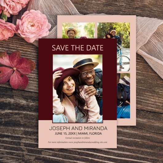 Burgundy Roze 4 Foto Huwelijk Save Date Save Datum Save The Date