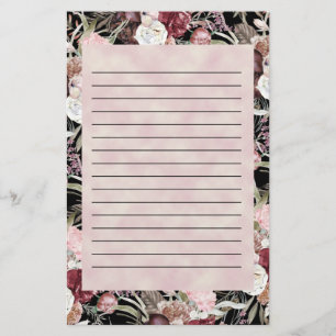 Burgundy Roze Aquarel Bloem Motief Zwarte Rand Briefpapier