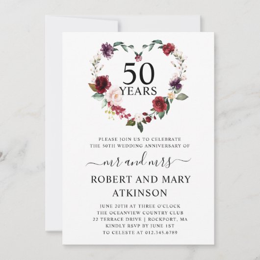 Burgundy Roze Bloem 50ste Huwelijksverjaardag Invi Kaart (Voorkant)