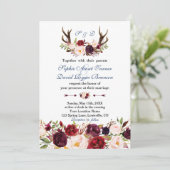 Burgundy Roze Bloem Navy Geweien Monogram Bruiloft Kaart (Staand voorkant)