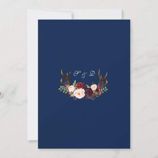 Burgundy Roze Bloem Navy Geweien Monogram Bruiloft Kaart (Achterkant)