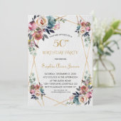 Burgundy Roze Bloemen Gouden Marmer 50e Verjaardag Kaart (Staand voorkant)