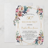 Burgundy Roze Bloemen Gouden Marmer 50e Verjaardag Kaart (Voorkant / Achterkant)