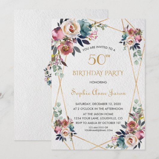 Burgundy Roze Bloemen Gouden Marmer 50e Verjaardag Kaart (Voorkant / Achterkant)