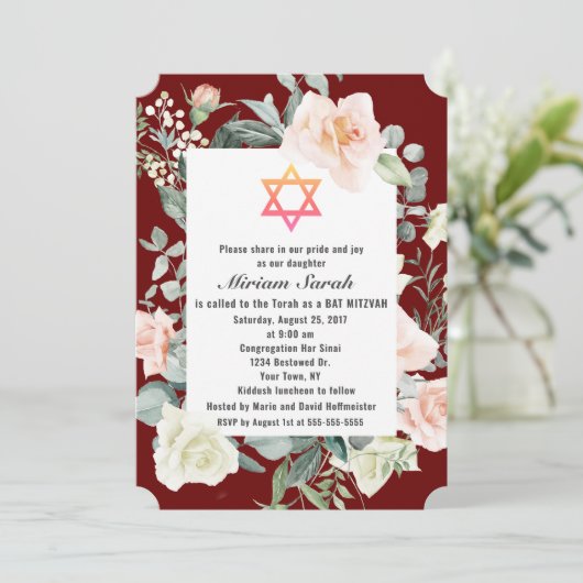 Burgundy Roze Bloemen Ster van David Bat Mitzvah Kaart (Staand voorkant)